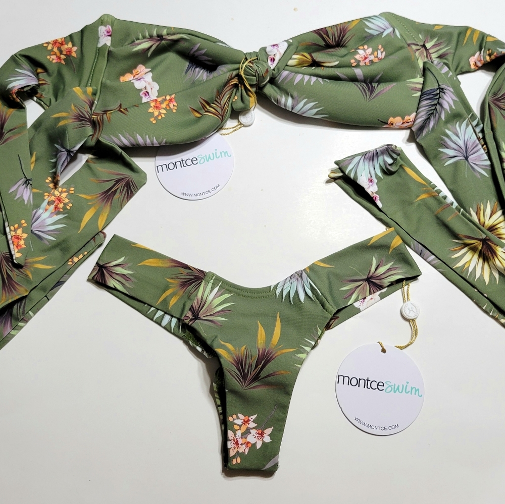 NWT-MED-Montce Swimwear Plants on Green Cabana Ties Top with Uno Bikini Bottom